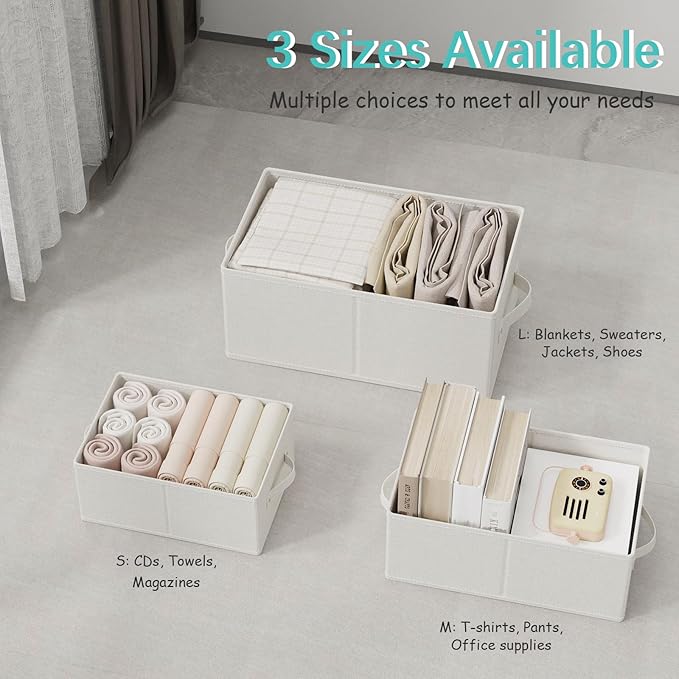 Foldable Closet Organizer, 3 Pack Cube Storage Bin, Clothes Basket for Shelves with 2 Handles, Saving Space, White & Ivory, 18.5 x 11 x 7.9 In, XSNY11WL-3