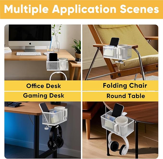 4 in 1 Metal Clip On Cup Holder Attachment for Gaming Desk or Table, Fits up to 40oz Cups, Sturdy and Easy to Clamp, Attachable Anti-Spill Cup Holder for Chair, Bedside, Bottles, Drinks - White