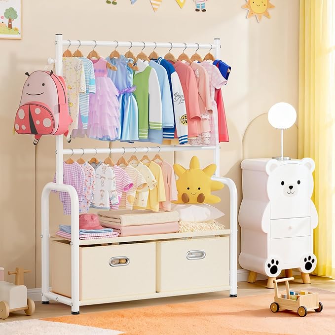 Kids Clothes Rack with 2 Tier Storage Racks and 2 Adjustable Hanging Poles, Small Baby Closet Organizer for Hanging Clothes, Kids Dress-Up Rack (Upgrad, White)