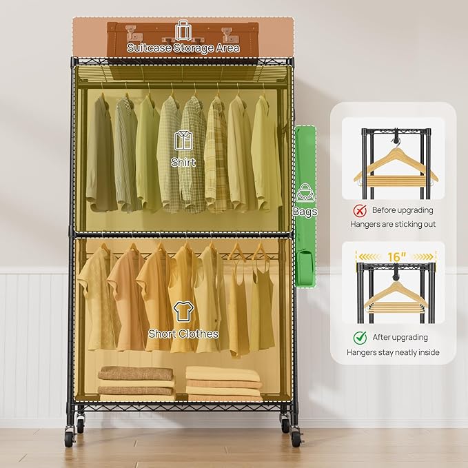 Heavy Duty Clothes Rack Rolling Garment Rack,2 Tier Adjustable Wire Shelving Clothing Racks for Hanging Clothes with Double Rods&Side Hooks,Freestanding Wardrobe Storage Rack Metal Portable Closet