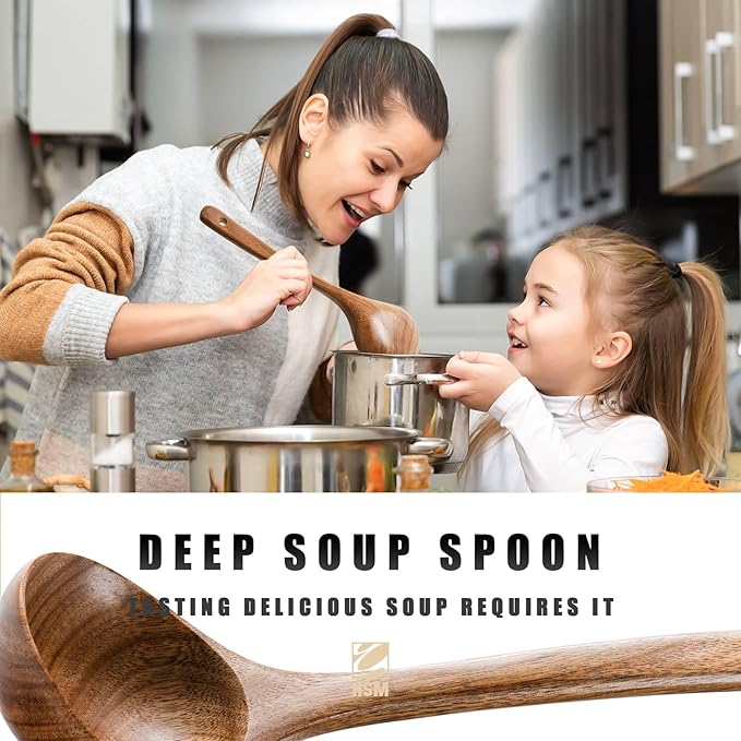 HSM Wooden Spoons for Cooking – 5-Piece Wooden Utensil Set, Non-Stick Safe, Easy-to-Clean Natural Acacia Wood Kitchen Utensils, Ideal for Cooking, Stirring, and Serving at Home