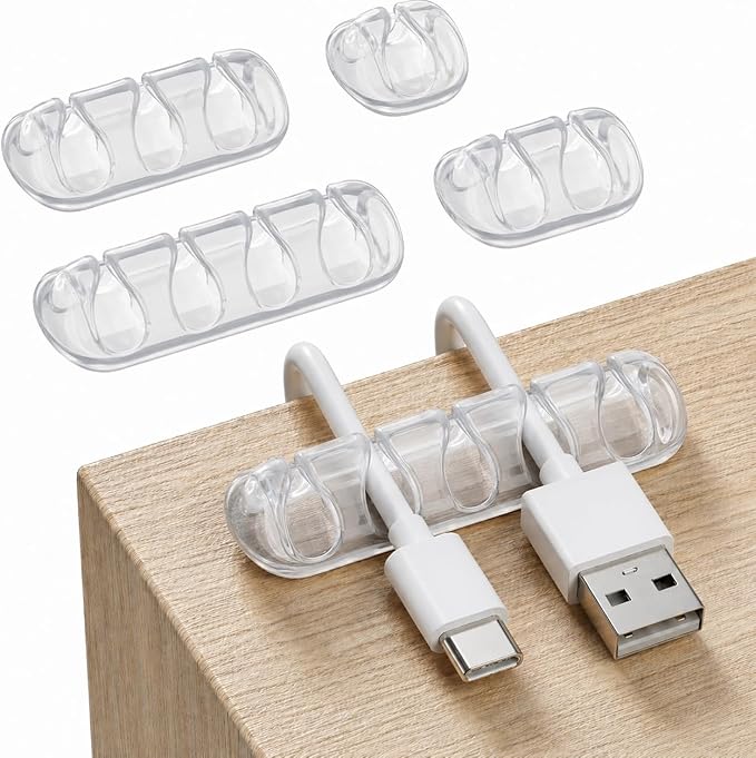 GLUIT Cord Organizer for Desk, Cable Holder for Nightstand, Charger Organizer, Adhesive Desktop Wire Clips, Multislot Cable Management, Table Organizer Accessories - 5 Pack, 15 Slots, Transparent