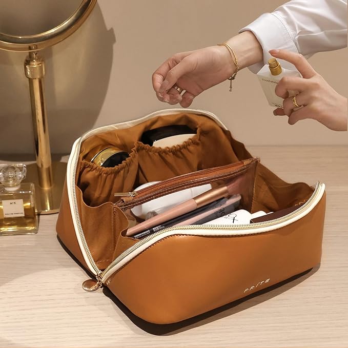 Prite Makeup Bag for Women Travel Waterproof Vegan Leather Cosmetic Bag Open Flat Toiletry Bag With Clear Divider and Handle (New Brown, Large)