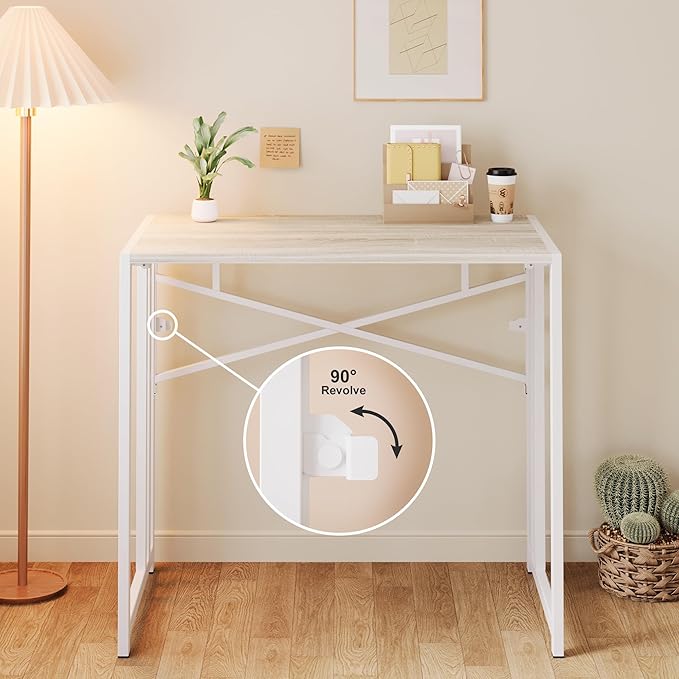 Lutown-Teen Small Folding Desk 35 inch, No Assembly Required Small Office Desk, Writing Gaming Computer Camping Table, Beige