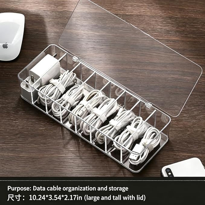 4Pcs cord organizer box with Lid, 10.2 x 3.5 x 2.2in, Desktop Cord Organizer with Compartments (4)
