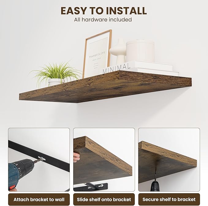 Dreamland 36" Floating Shelves for Wall, 12" Deep Slim Rustic Brown Floating Shelves, Wall-Mounted Shelves for Bedroom, Living Room, Kitchen, Bathroom - Set of 2