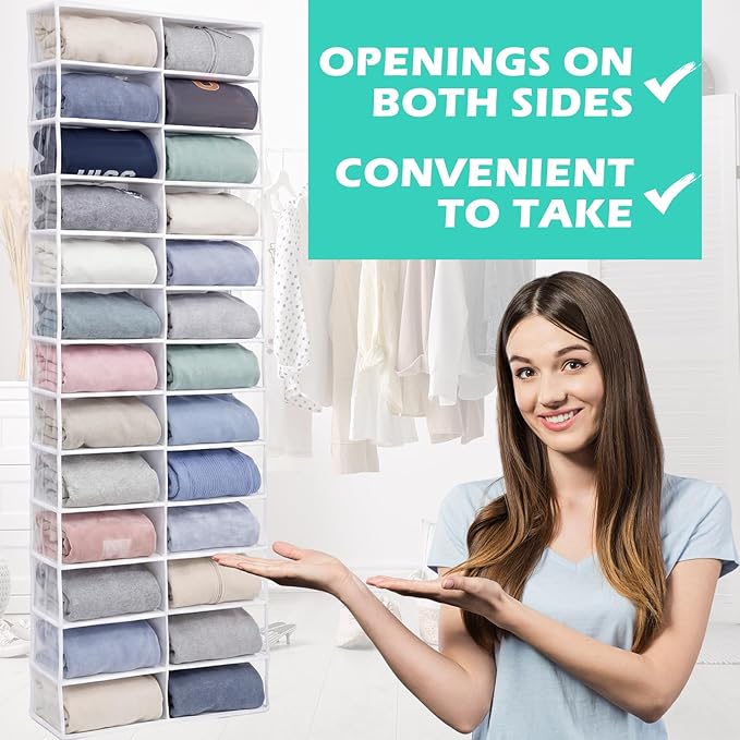 Over The Door Hoodie Organizer 26 Clear Pocket Sweatshirt Organizer with 3 Hooks Hanging Sweatshirt Hoodie Rack Holder Cabinet Behind The Doors for Dormitory Bedroom Closet Storage