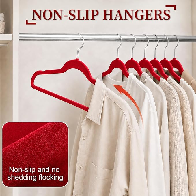 Velvet Hangers 50 Pack, Non Slip Clothes Hangers with Shoulder Notches, Slim Felt Hanger with 360° Swivel Hook, Space-Saving, for Coat, Shirt, Pants, Dress, Suits, Red