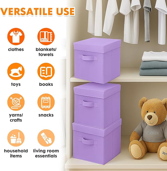 ShellKingdom Storage Bins, Foldable Fabric Storage Cubes with Lid, Clothes Storage Organizer Drawer For Closet Toys Storage, 10.5 X 10.5 X 11 INCH, 2 Pack (Lavender)