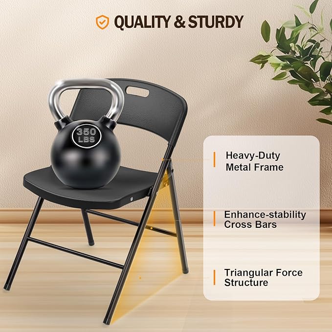 VINGLI Folding Chairs, Plastic Foldable Chair, Capacity up to 350 lbs, Portable Seating for Indoor Outdoor Events Parties Camping Work School Commercail (4, Black)
