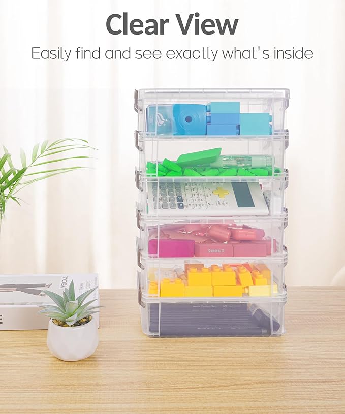 Sooez 6 Pack Extra Large Pencil Box, Plastic Pencil Case Crayon Box Bulk, Clear Marker Organizer Plastic Containers with Lid, Stackable Storage Boxes for Art Craft, Pen, Back to School Supplies, Black