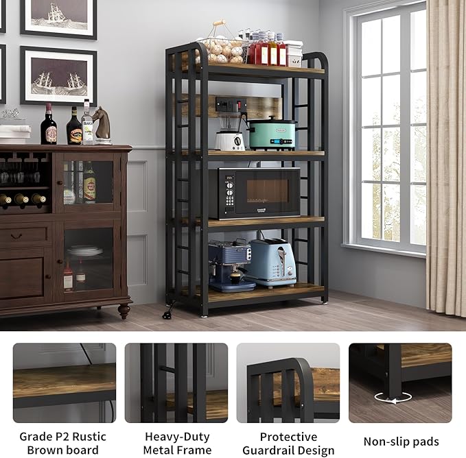 SIREDEEP Bakers Rack with Power Outlet ，4-Tier Kitchen Baker's Rack,Microwave Stand with Storage Suitable for Kitchen, Living Room, Dinning Room，Coffee Bar(Rustic Brown)