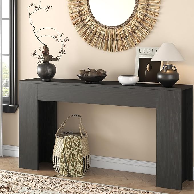knoworld 63-Inch Long Console Table with LED Light, Farmhouse Sofa Table Behind Couch, Wooden Console Table for Entryway Hallway Entrance Living Room, Black