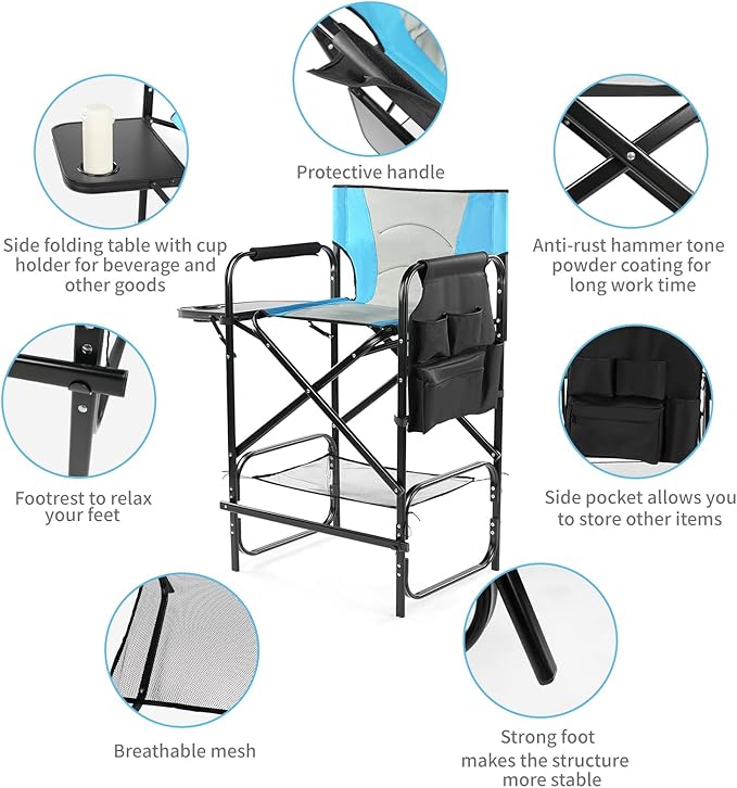 Outvita 31" Tall Directors Chair Height Seat Folding with Side Table Storage Bag, Support for 300Lbs Portable Makeup Artist Chair with Bar Height(Blue/Black)