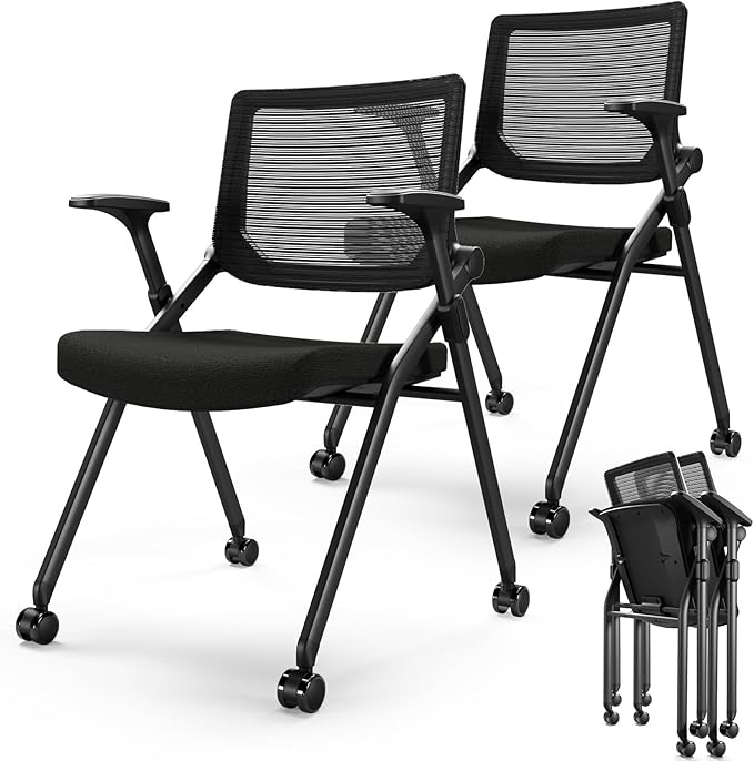 Foldable Office Chair Set of 2 with PU Wheels Ergonomic Mesh Bouncing Back, Stackable Conference Room Chair, Office Guest & Reception & Meeting Chair (Black)