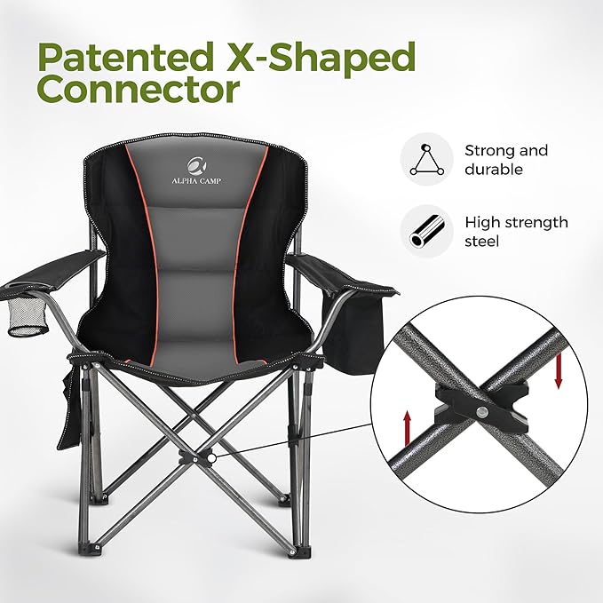 ALPHA CAMP Camping Chairs 350LBS Capacity, Heavy Duty Folding Chair with 4-Can Cooler Bag, Portable Outdoor Chair with Cup Holder for Adults, Collapsible for Tailgating, Beach, Fishing