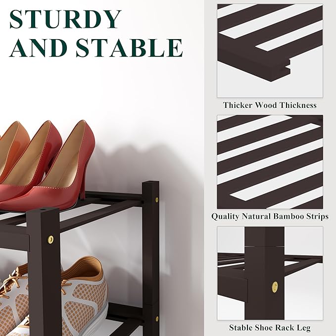 Smiry Small Bamboo Shoe Rack, 2 Tier Free Standing Wooden Shoe Organizer, Stackable Wood Shoe Storage Shelf for Closet, Entryway, 12 Vertical Slats, One-piece Standard Legs, 17.3"x11"x13", Brown