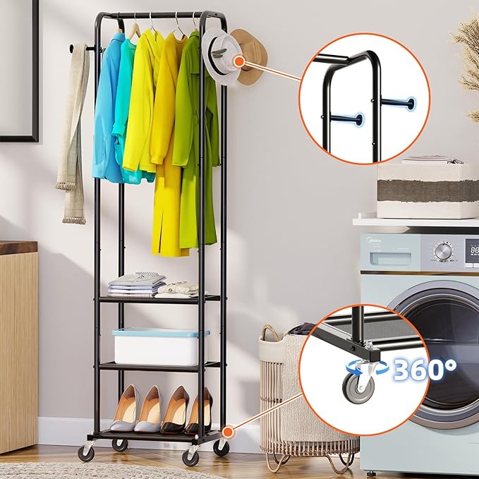 Ekisemio Heavy Duty Clothing Rack with Wheels, Modern Garment Rack with 3 Metal Shelves, Black