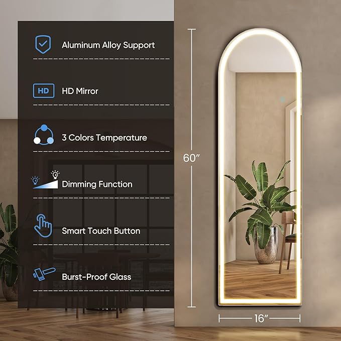 OLIXIS 16"×60" Arched LED Full Length Mirror with Lights, Standing Lighted Floor Full Body Mirror with 3 Color Lighting, Wall Mounted Mirrors for Bedroom, Home, Entryway with Tempered Glass