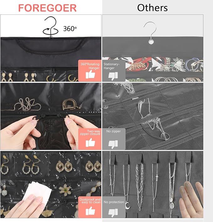 FOREGOER Hanging Jewelry Organizer Storage with 88 Zippered Pockets,Dustproof Foldable for Travel,Double-Sided Accessories Organizer Holder for Earring Necklace Ring on Closet Wall Door(Black,1 Pack)