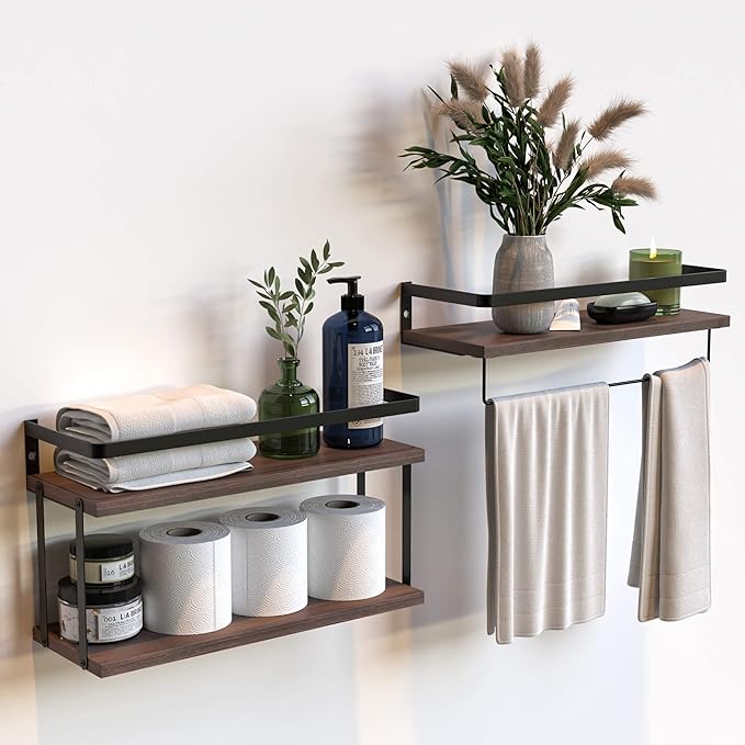 RICHER HOUSE 2+1 Tier Wall Mounted Floating Shelves Set of 2, Rustic Wood Shelf with Metal Frame, Extra Storage Rack for Bathroom, Kitchen, Bedroom with Tissue Rack & Towel Bar - Rustic Brown
