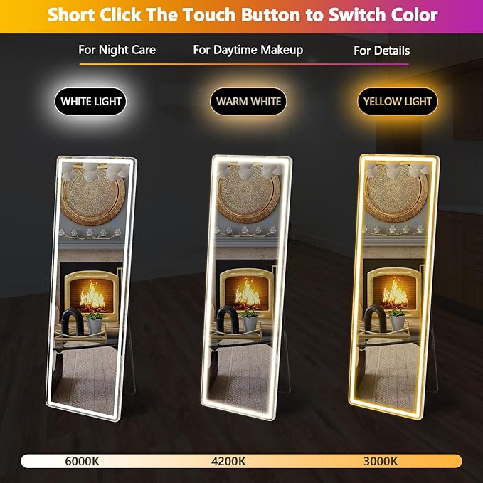 NEWBULIG 64"x21" Full Length Mirror with Light, 3 Color Lighting Full Body Floor Mirror with Aluminum Alloy Thin Frame, Wall or Standing Mirror for Bedroom, Living Room, Dressing Room, White