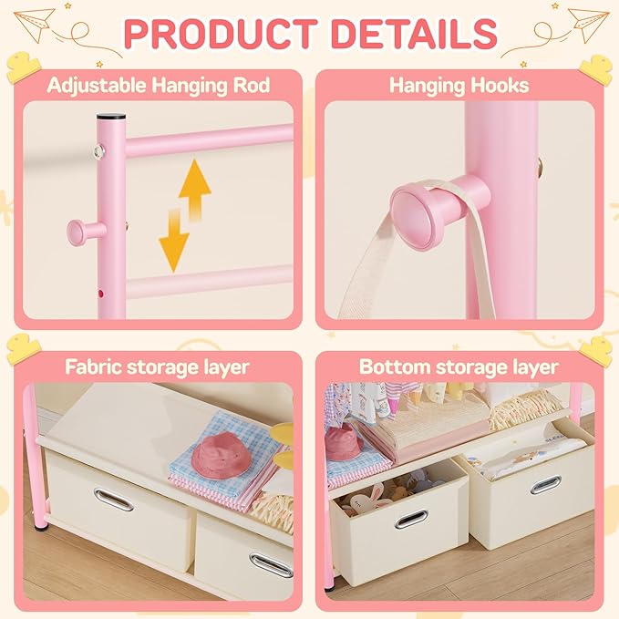 Kids Dress Up Rack Small Baby Closet Organizer for Hanging Clothes Kids Clothes Rack with 2 Tier Storage Racks and 2 Adjustable Hanging Poles (Upgrad, Pink)