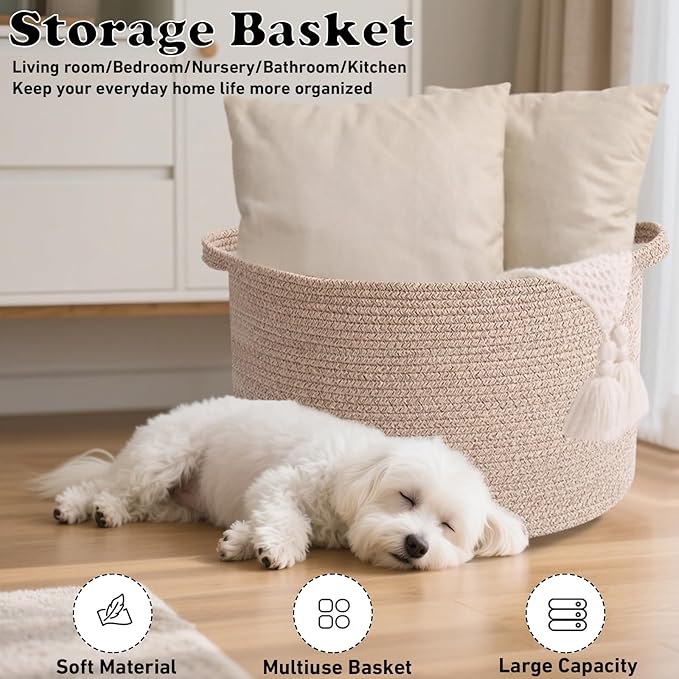90L Extra Large Blanket Basket,Woven Rope Laundry Basket Hamper with Handles, Decorative Nursery Basket Storage Bin for Toys, Clothes Organizer, Living Room, Bedroom, Bathroom, Brown