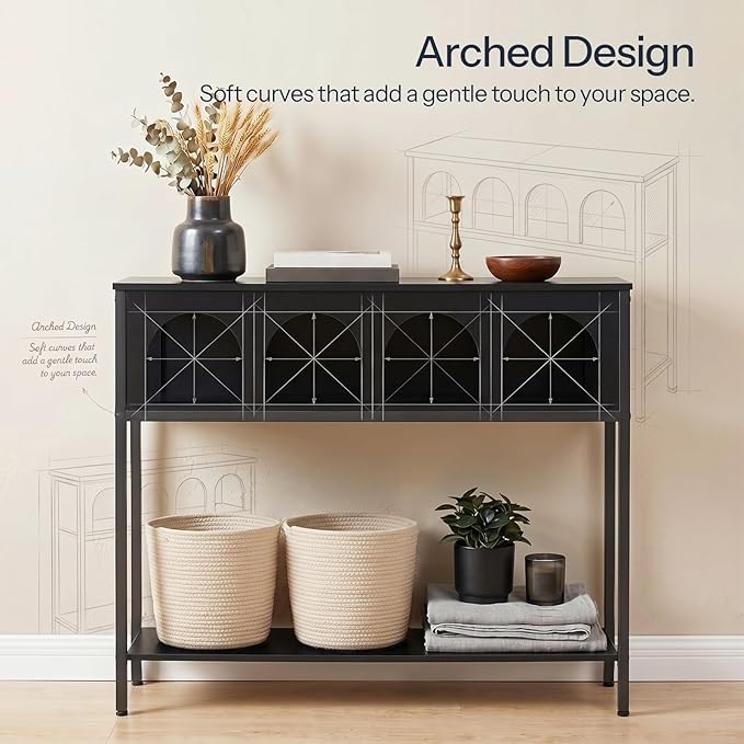 HOOBRO Modern Console Table, Entryway Table with 3-Tier Storage, Narrow Sofa Table Behind Couch with Arched Design for Living Room, Entrance, Hallway, Black BB106XG01