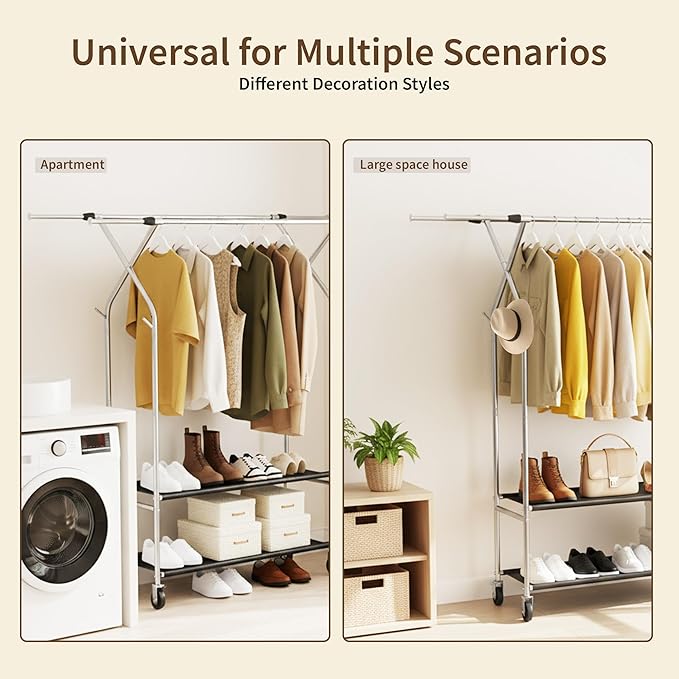 HAPPY CHEERS Heavy Duty Clothes Rack,Double Rods Clothing Rack for Hanging Clothes,Rolling Clothing Racks with Wheels,Metal Garment Rack for Bedroom Laundry Living Room,Silver