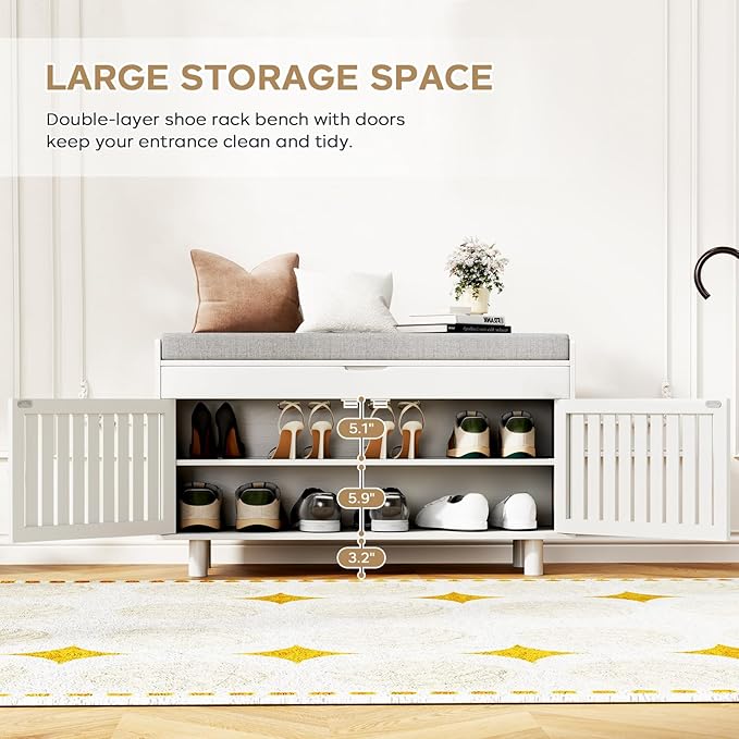 oakvivo 35.4in Shoe Bench with Storage, Bamboo Entryway Bench with Lift Top Hidden Storage & Padded Seat, 2 Doors 2-Tier Narrow Shoe Rack Cabinet Organizer for Hallway Mudroom Bedroom, White