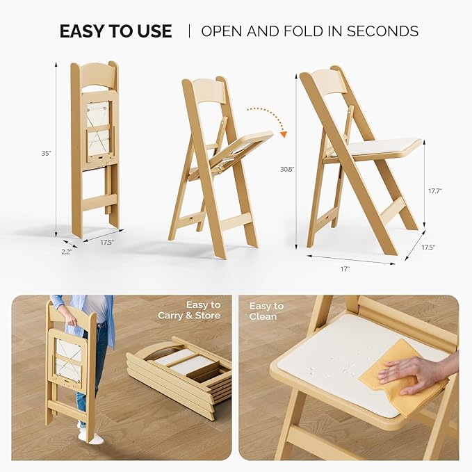 VINGLI Resin Folding Chairs with Cushion, Foldable Plastic Chair with Comfortable Padded Seats, Perfect for Event Party Indoor Outdoor, Natural, 8 PC