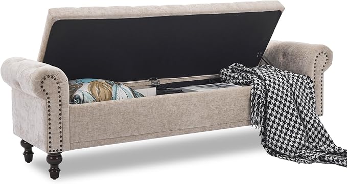 SOFTHION Storage Bench for Bedroom, 67" End of Bed Bench King Size, Upholstered Chenille Storage Ottoman with Tufted Cushioned Rolled Arm Large Storage Space for Living Room Entryway, Light Brown