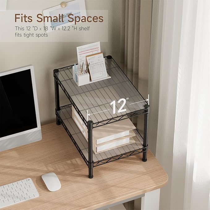 Golpart Small 2 Tier Shelves Storage Wire Shelving Unit Metal Shelf Adjustable Organizers Storage Shelving for Bathroom Laundry Room Kitchen Pantry12”D x 18”W x 12.2”H Black