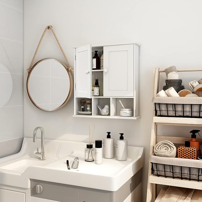 TaoHFE White Bathroom Wall Cabinet with 2 Door Adjustable Shelves,Over The Toilet Storage White Wall Mounted Medicine Cabinets for Bathroom Laundry Room Kitchen