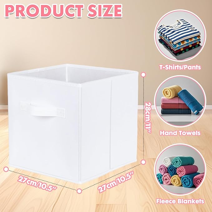 PowerKing Collapsible Storage Cubes with Handles, Fabric Foldable Bins for Closet Shelves, Durable Organization Storage Bins, 10.5'' x 11'' x 10.5'' (6Pack, White)