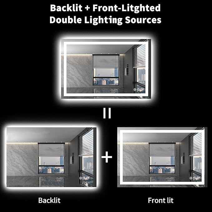 LOAAO 48X36 LED Bathroom Mirror with Lights, Anti-Fog, Dimmable, Backlit + Front Lit, Lighted Bathroom Vanity Mirror for Wall, Shatter-Proof, Memory Function, ETL Listed