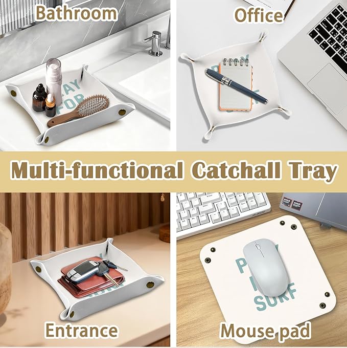 Surfer Gifts Jewelry Valet Tray for Women Men, Pray for Surf Coastal Beach PU Leather Catchall Beside Caddy Nightstand Organizer Tray for Jewelry Rings Watches and Accessories, 7.87x7.87in