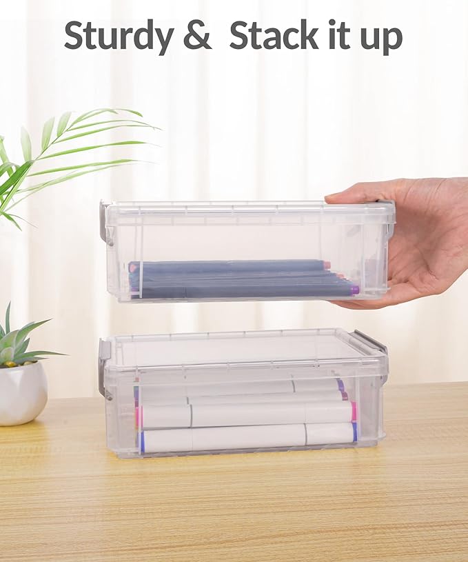 Sooez 6 Pack Extra Large Pencil Box, Plastic Pencil Case Crayon Box Bulk, Clear Marker Organizer Plastic Containers with Lid, Stackable Storage Boxes for Craft, Pen, Art, Back to School Supplies, Pink
