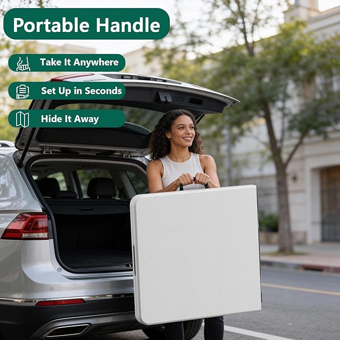 Folding Table 2 Pack, 5FT Folding Table Portable with Built-in Handle, Heavy Duty Plastic Table with Steel Legs Supports to 300lbs, Suitable for Party, Camping, Events Indoor&Outdoor Use, White