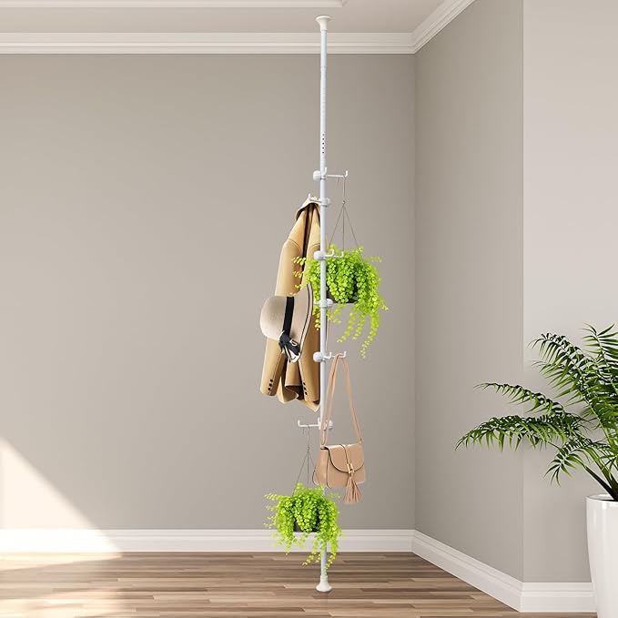 Corner Coat Rack - 12 Hook Tension Rod Plant Stand Stainless Steel Organizer for Coats, Towels, Plants & More, No Drilling, Height Adjustable, White