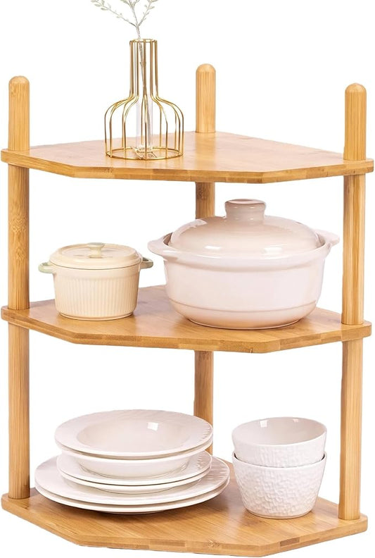 3-Tier Expandable Bamboo Corner Shelf - Dish/Plate Organizer for Cabinet, Kitchen Counter Shelf & Small Kitchen Shelf, Adjustable (Natural, 1-Pc 6.70" H)