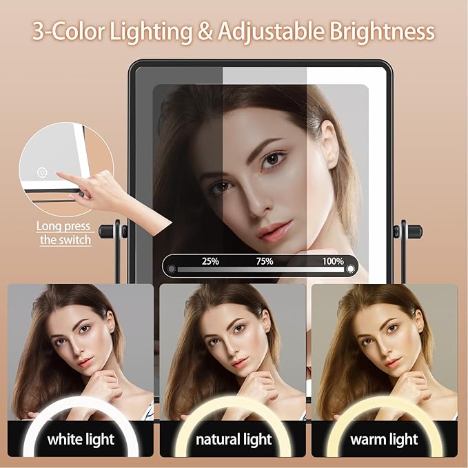 FASCINATE 5000mAh Rechargeable Wall Mounted Makeup Mirror, 8.7" Double Sided Touch Switch 1X 30X Rectangle Magnifying Mirror with Light, 3 Color Setting, Extended Arm 360° Swivel Foldable Black