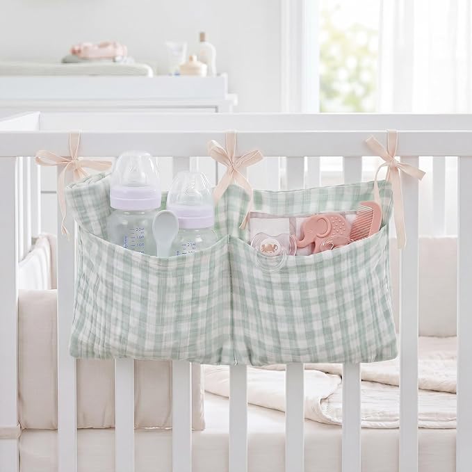 Gingham Crib Organizer Hanging Cotton Baby Bedside Hanging Storage Bag Storage Crib Organizer Baby Nappy(Green)