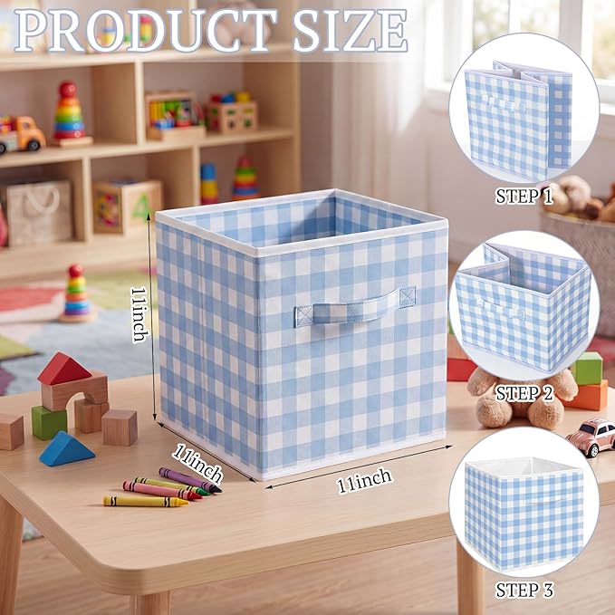 Yalikop 6 Pcs Blue Checkered Cube Storage Bins, 11 Inch Fabric Gingham Classroom Storage Bins Organizer with Handle Preppy Collapsible Cubby Basket for Classroom Home Nursery Playroom Bedroom