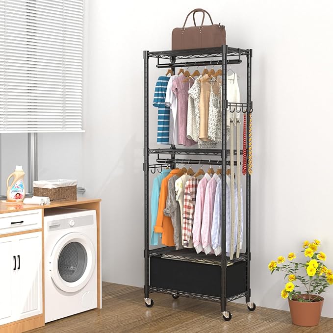 VyGrow Clothes Rack, Clothing Rack for Hanging Clothes, 4 Tiers Adjustable Closet Organizer System with Drawer | Double Rods | Side Hooks | Load 445lbs | 23" L x 13.18" W x 78.74" H | Black
