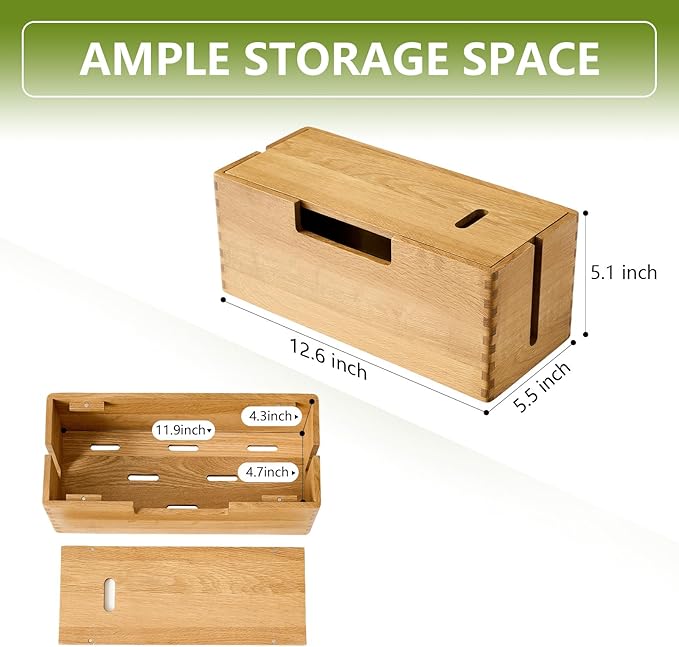 Oak Wood Cable Management Box - Large Cord Hider & Organizer with Magnetic Lid for Desk & Floor Cables in Home Office, Living Room, Bedroom (Natural)
