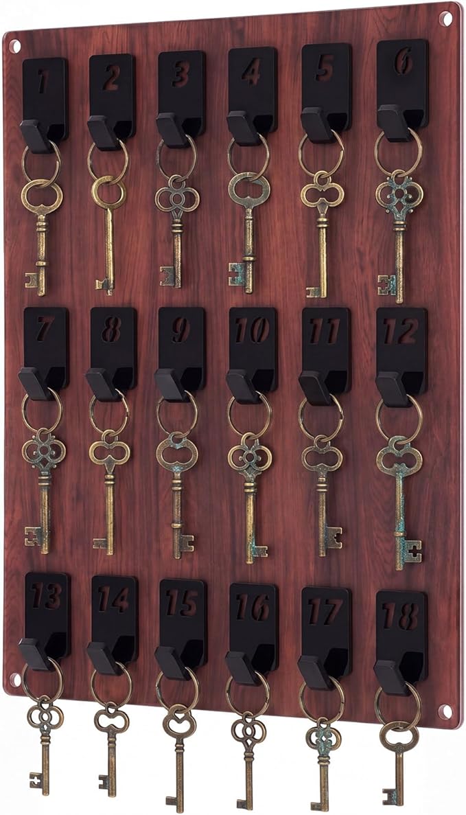 Beeveer Acrylic Key Board with 18 No. Hooks Wall Mount Key Rack Holder Hanger Storage Collection for School, Garage, Car Dealer, Office, Hotel, Real Estate(Wood Grain)