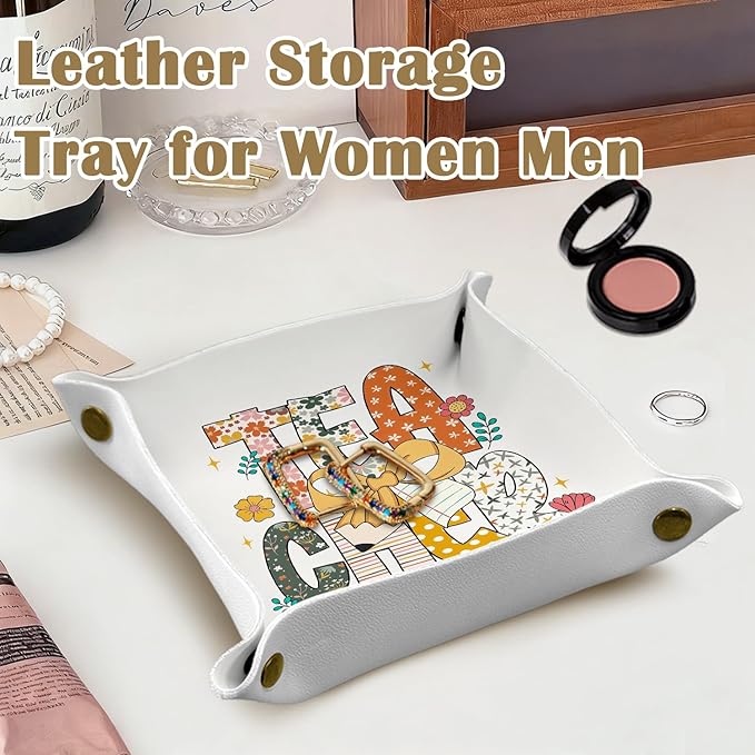 Teacher Gifts,Teacher Appreciation Gifts for Women, Gifts for Teacher PU Leather Catchall Beside Caddy Nightstand Organizer Tray for Jewelry Rings Watches and Accessories, 7.87x7.87in