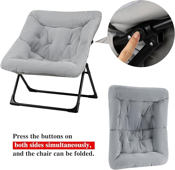 Comfy Saucer Chair for Adults, Set of 2, Soft Faux Fur Bedroom Chair, Accent Dorm Chairs, Flexible Living Room Reading Chairs, Oversized Folding Seat for Teens, X-Large, Grey